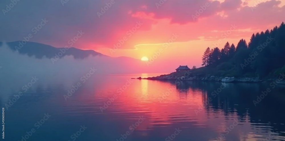Misty sunrise over calm harbor, fog shrouds distant shore, nature, boat, scenic Misty sunrise over calm harbor, fog shrouds distant shore, nature, boat, scenic