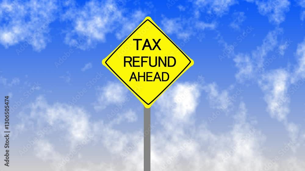 tax refund ahead Road Sign on Clear Blue Sky with Rapid Moving Clouds for Text Placement tax refund ahead Road Sign on Clear Blue Sky with Rapid Moving Clouds for Text Placement