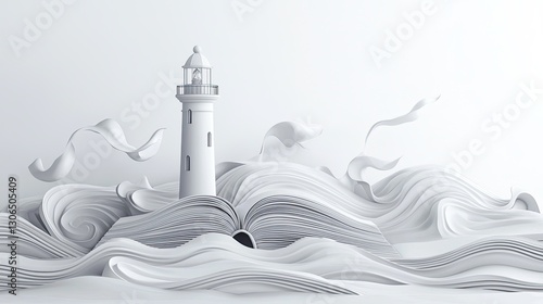 3d lighthouse emerging from book-shaped waves guiding writers, epic adventure, white background, clean lines