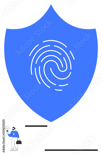 Large blue shield with a fingerprint at its center symbolizing security. Small person holding a light bulb in a gesture of innovation. Ideal for cybersecurity, privacy, safety, personal data