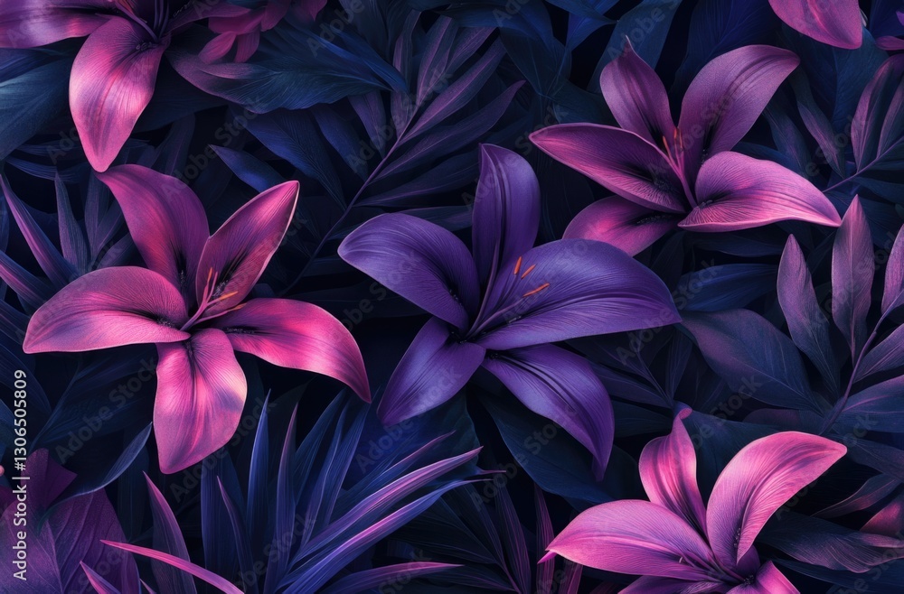 A dark purple and black floral pattern with pink lilies A dark purple and black floral pattern with pink lilies