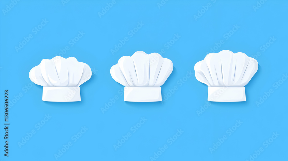 Three White Chef Hats on Blue Background in Minimalist Style Three White Chef Hats on Blue Background in Minimalist Style