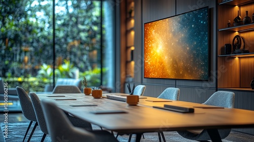 Serene meeting room with nature view and a screen displaying a nebula, creating a modern and inviting workspace atmosphere.