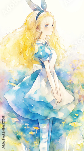 水彩風アリスの幻想イラスト 金髪美少女 青いリボンとドレス
