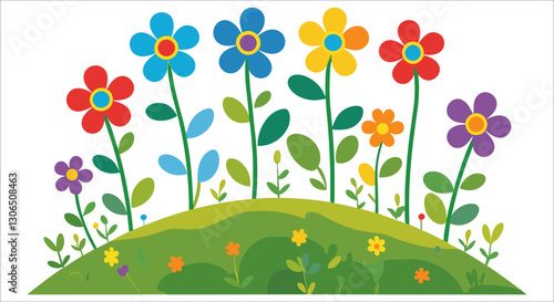 Bright garden flowers with green leaves on a hilltop vector. Colorful meadow flowers with leaves on a green slope vector art. Colorful flowers on green hill spring nature vector illustration