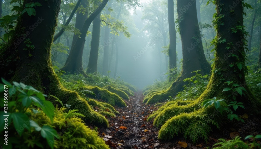 Obraz premium Foggy forest floor with mossy ferns and vines, brown, vines