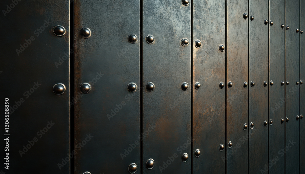 Fototapeta premium textured metal wall with rivets, showcasing dark industrial design. surface reflects light, creating dramatic effect. Ideal for backgrounds or architectural themes