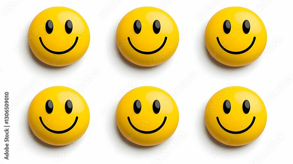 Six Bright Smiley Faces on White Background with Cheerful Expressions Six Bright Smiley Faces on White Background with Cheerful Expressions