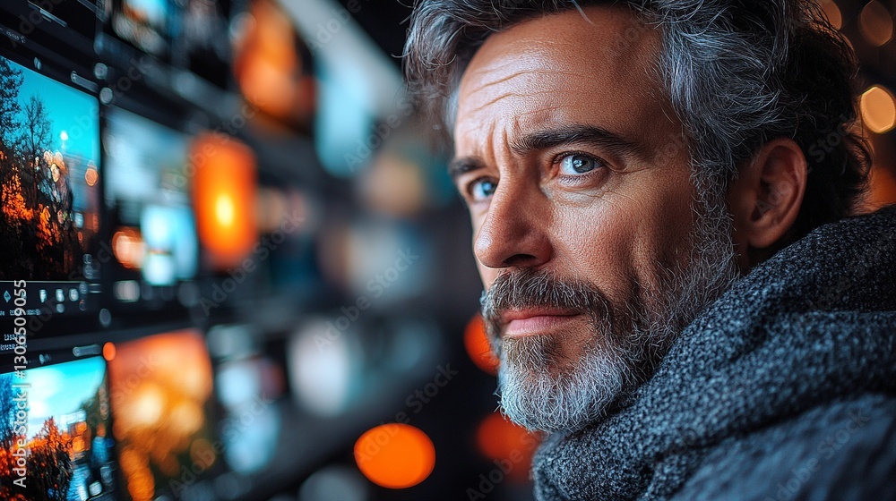 Focused man with gray hair and beard stands before a display of vibrant screens. Creative tech worker in deep thought, analyzing visual content. Focused man with gray hair and beard stands before a display of vibrant screens. Creative tech worker in deep thought, analyzing visual content.