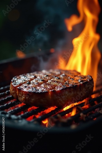 Thick-cut steak grilling, intense flame flare-up , filet mignon, ribeye