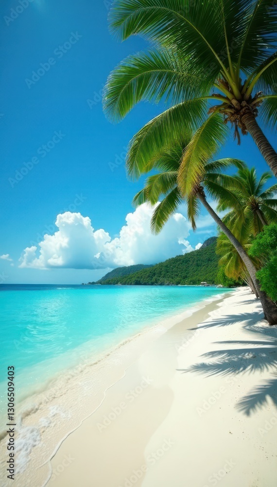Turquoise water laps white sand beach, palm trees sway gently , holiday, tropical, waves Turquoise water laps white sand beach, palm trees sway gently , holiday, tropical, waves
