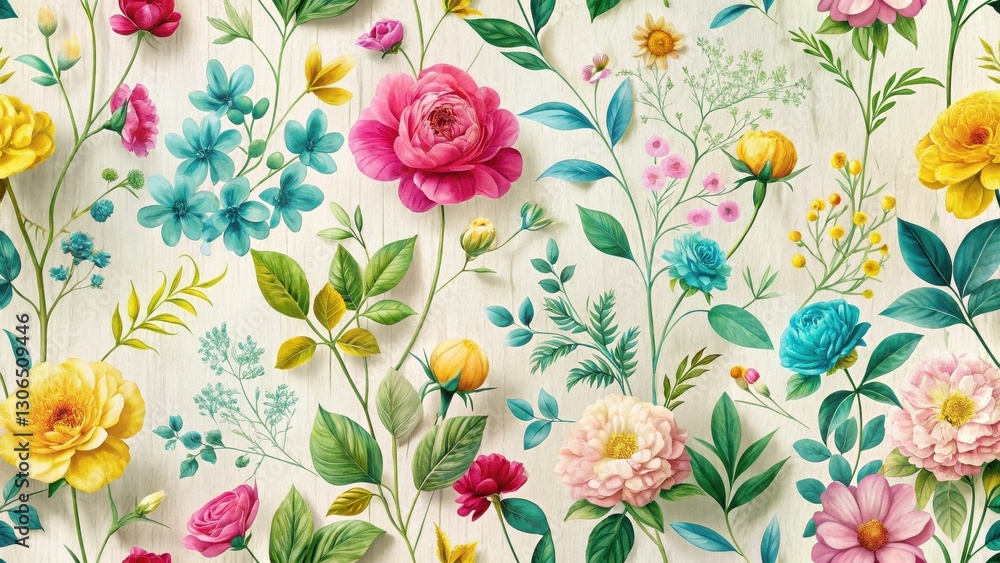 Vibrant Floral Pattern Featuring a Delightful Array of Blossoms and Lush Greenery on a Soft, Textured Background Vibrant Floral Pattern Featuring a Delightful Array of Blossoms and Lush Greenery on a Soft, Textured Background