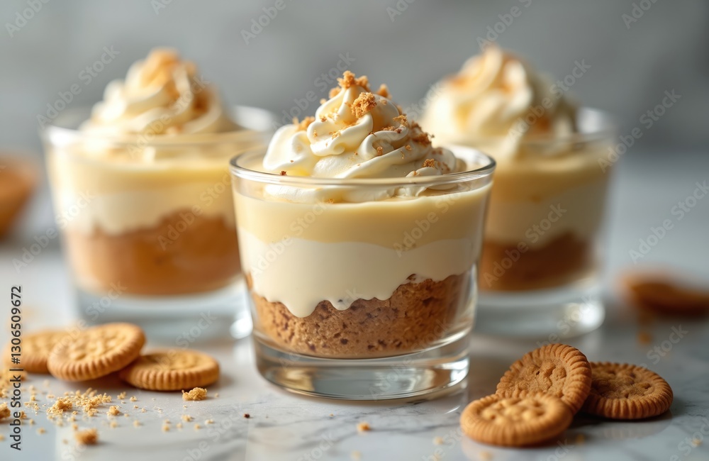 dessert in glass cups on marble background. Layered trifle with lotus cookies, mousse, whipped cream topping. Tasty milky no bake sweets for birthday party festive Christmas dinner. Sweet dessert dessert in glass cups on marble background. Layered trifle with lotus cookies, mousse, whipped cream topping. Tasty milky no bake sweets for birthday party festive Christmas dinner. Sweet dessert
