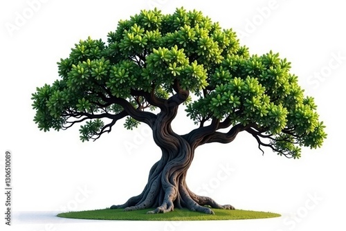 Large tree with gnarled branches and twisted trunk isolated on white, solitary tree, gnarled tree, isolated trees