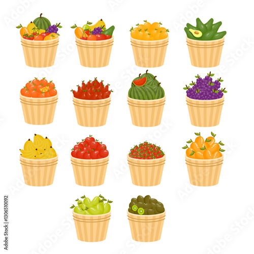 Fresh Fruits and Vegetables in Wooden Baskets. A Basket of 