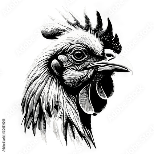 Chicken head in black and white, side view, monochrome drawing. Bird with feathers, isolated, transparent, png. photo