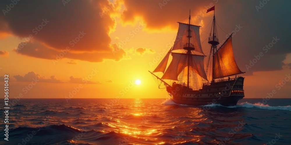 Fototapeta premium A majestic sailing vessel glides across the ocean's surface, silhouetted against a breathtaking sunset
