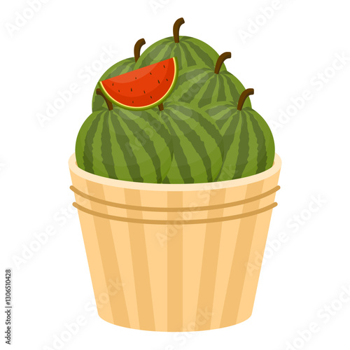 Fresh Fruits and Vegetables in Wooden Baskets. A Basket of Watermelons