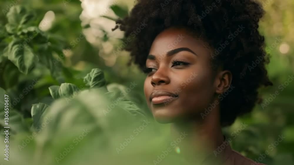 Young african woman enjoying nature in a lush green garden, surrounded by vibrant foliage and serene ambience Young african woman enjoying nature in a lush green garden, surrounded by vibrant foliage and serene ambience