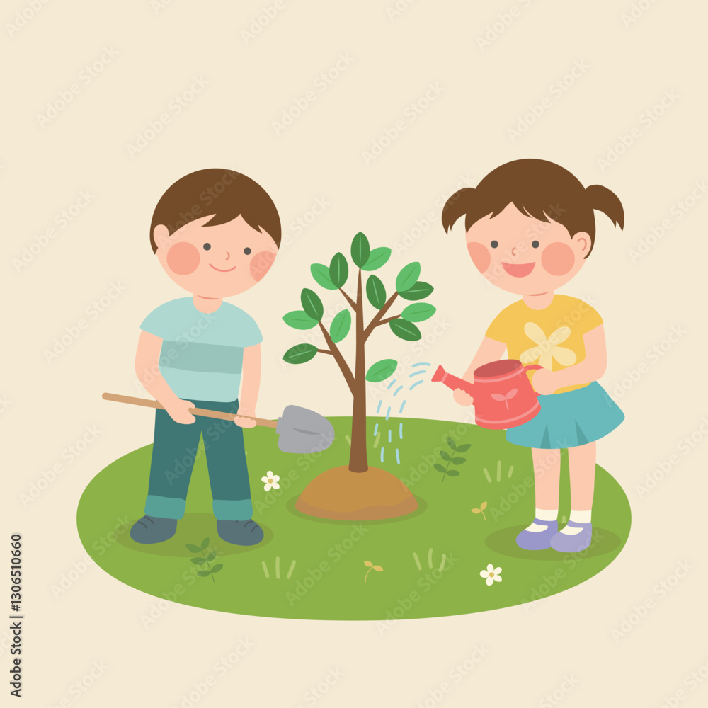 Arbor Day illustration with children planting trees Arbor Day illustration with children planting trees