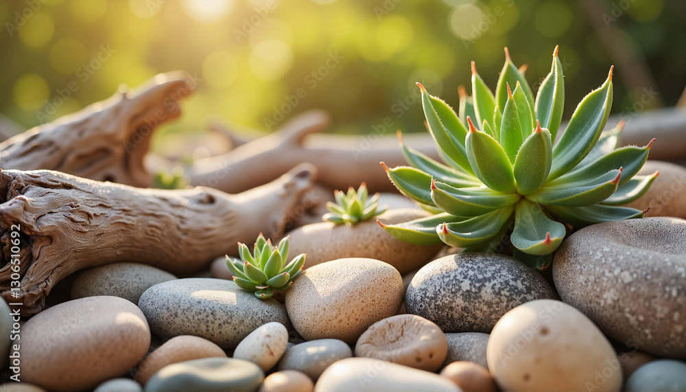 Fototapeta premium Serene succulent garden with river stones and driftwood, natural beauty