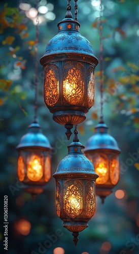  Four Ornate Lanterns Glowing in a Tranquil Twilight Forest