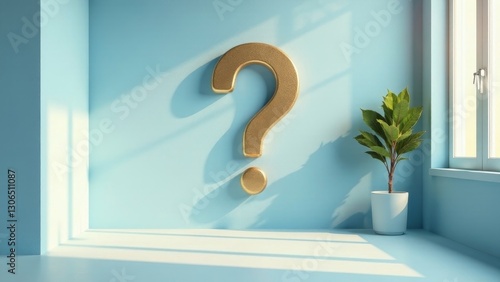 A Golden Question Mark in a Sunlit Room with a Potted Plant