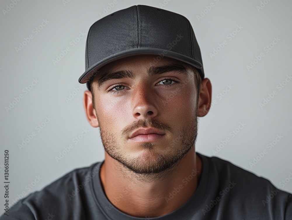 Portrait of a young man with a cap. His gaze is direct and engaging, creating a connection with the viewer in this simple composition. Portrait of a young man with a cap. His gaze is direct and engaging, creating a connection with the viewer in this simple composition.
