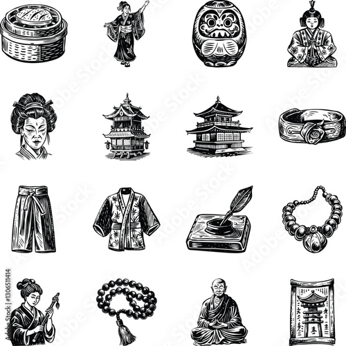 Set of 16 Vintage Style Japanese Illustrations

