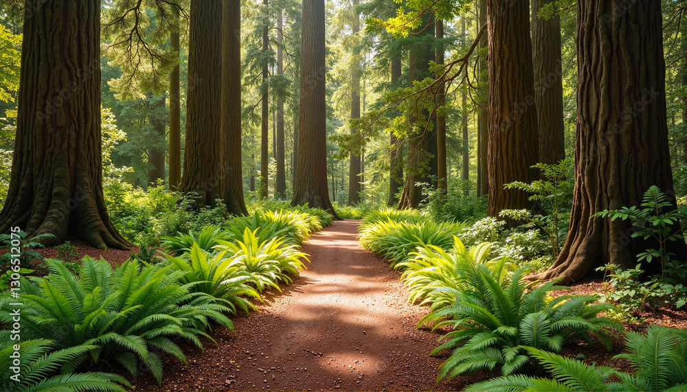 Winding dirt path through redwood grove, nature's tranquility, sequoia Winding dirt path through redwood grove, nature's tranquility, sequoia