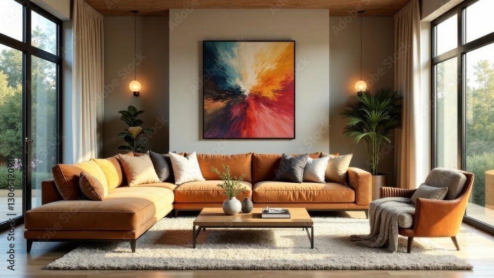 Modern Sectional Sofa and Accent Chair Arrangement in a Sunlit Living Room with Abstract Artwork and Plush Textiles Modern Sectional Sofa and Accent Chair Arrangement in a Sunlit Living Room with Abstract Artwork and Plush Textiles