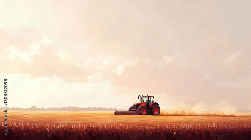 Fototapeta premium Tractor harvesting wheat field at sunset, rural landscape and agriculture