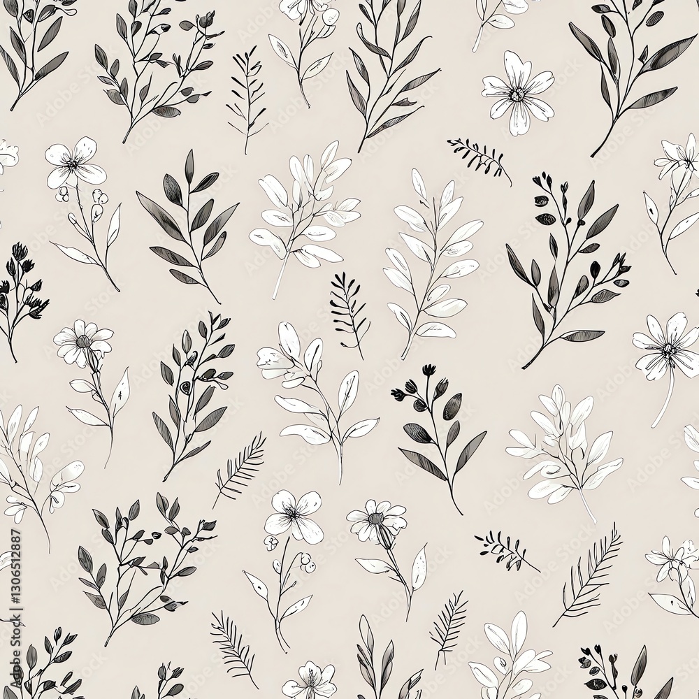 Elegant Botanical Print: Monochrome Floral Design Elegant Botanical Print: Monochrome Floral Design