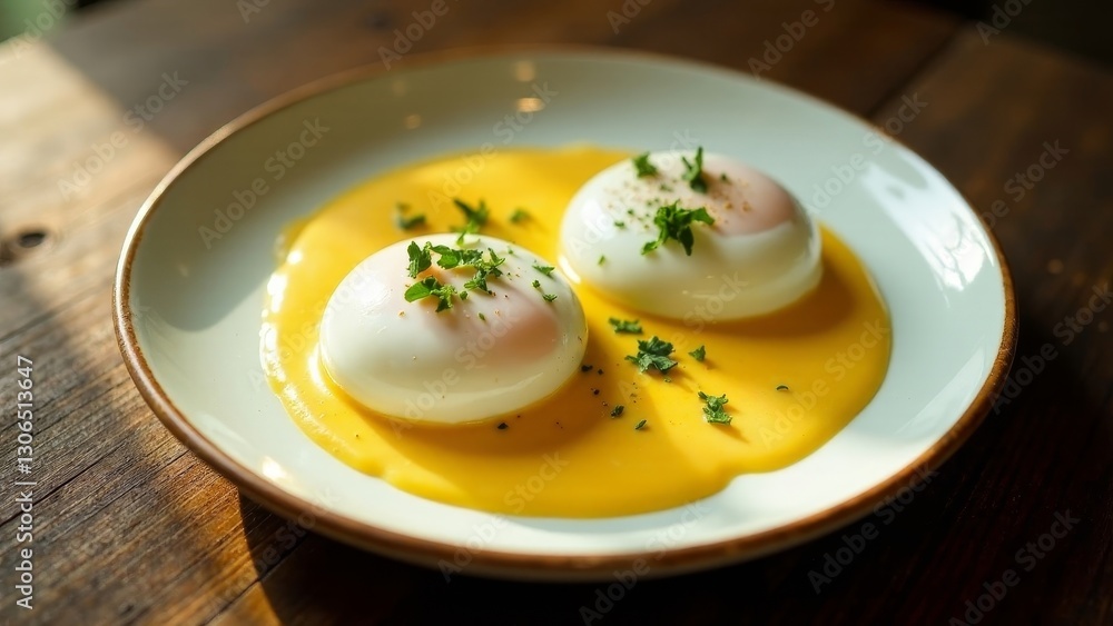 Delicious poached eggs in a vibrant yellow sauce, garnished with fresh herbs, served on a minimalist plate Delicious poached eggs in a vibrant yellow sauce, garnished with fresh herbs, served on a minimalist plate