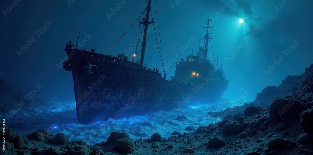 Sunken shipwreck glows with bioluminescent algae, backdrop, glow in the dark Sunken shipwreck glows with bioluminescent algae, backdrop, glow in the dark