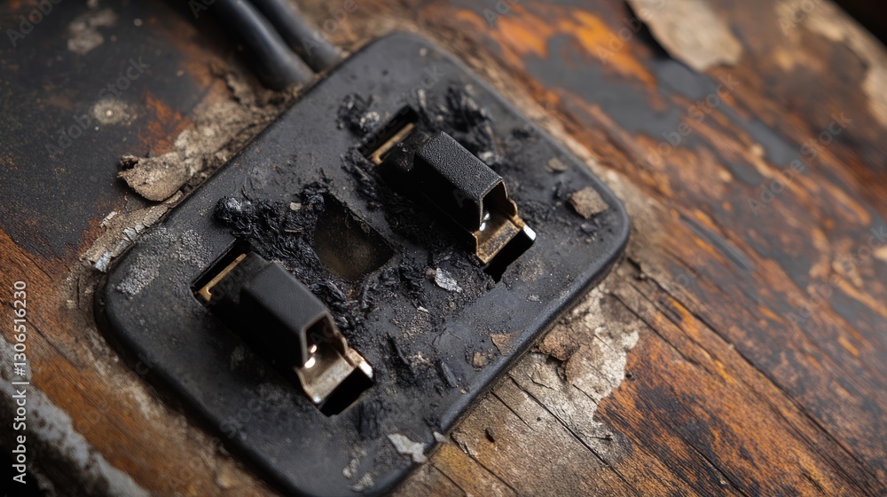 A damaged power adapter with blackened prongs due to a short circuit. A damaged power adapter with blackened prongs due to a short circuit.