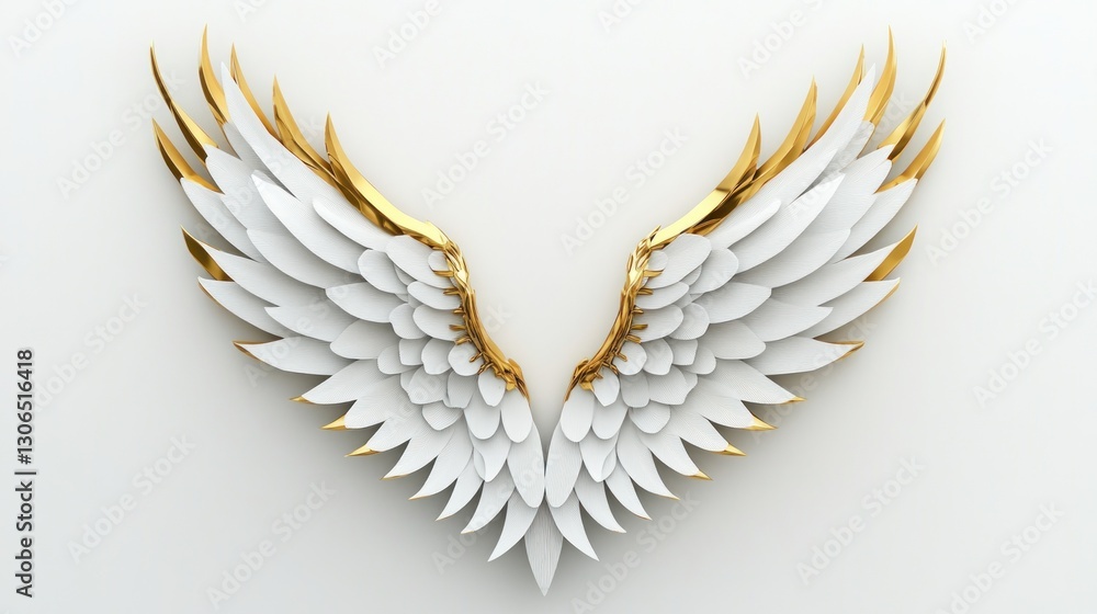 Fototapeta premium Elegant white and gold angel wings spread out on a white background