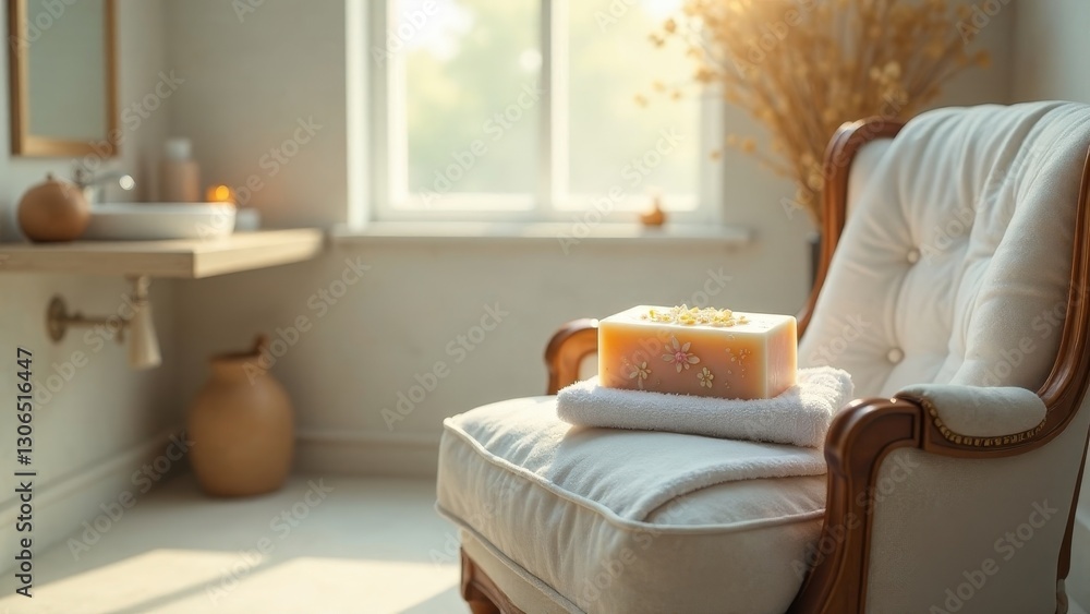 Serene Bathroom Ambiance Aromatic Soap Resting on Soft Towels Atop an Elegant Upholstered Chair Serene Bathroom Ambiance Aromatic Soap Resting on Soft Towels Atop an Elegant Upholstered Chair
