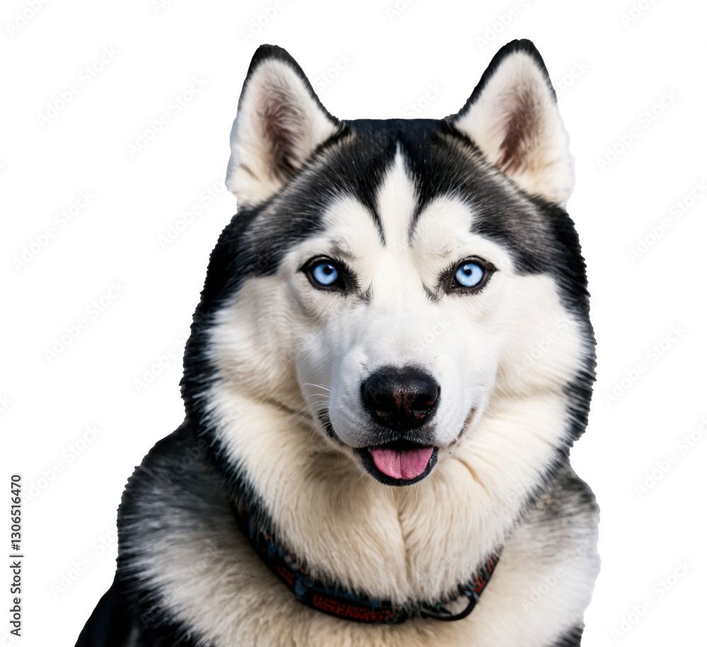 Dog close up portrait with open mouth. White and black fur and blue eyes. Image with transparent background. Isolated png. Dog close up portrait with open mouth. White and black fur and blue eyes. Image with transparent background. Isolated png.
