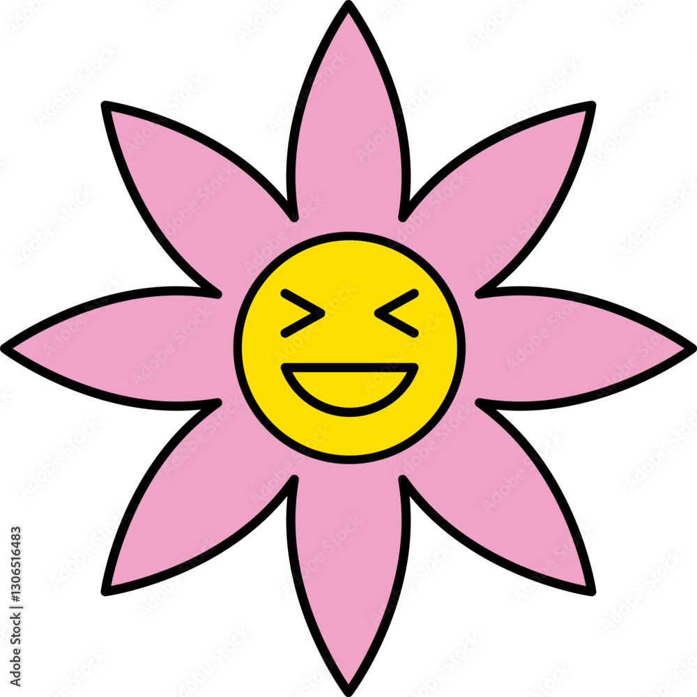 Cute and colorful collection of spring Happy Flowers with smiling faces. Groovy daisy flowers set. Flat color icons. Simple flower silhouette Retro vintage style Vector illustration . Cute and colorful collection of spring Happy Flowers with smiling faces. Groovy daisy flowers set. Flat color icons. Simple flower silhouette Retro vintage style Vector illustration .