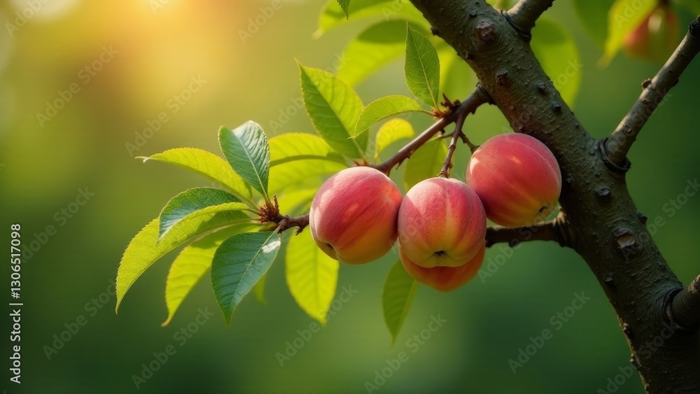 Sunlit Orchard Branch with Ripe Red Fruit Hanging from Lush Green Leaves Sunlit Orchard Branch with Ripe Red Fruit Hanging from Lush Green Leaves