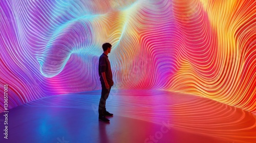 Man exploring immersive digital art installation with vibrant light waves