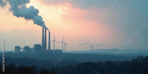 Smokestacks and Wind Turbines at Sunset A Visual Representation of Energy Transition and Environmental Concerns