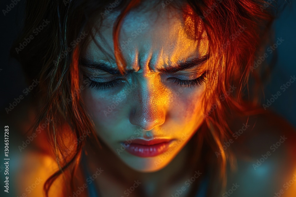 Portrait of a woman with her eyes shut, focus on facial features Portrait of a woman with her eyes shut, focus on facial features