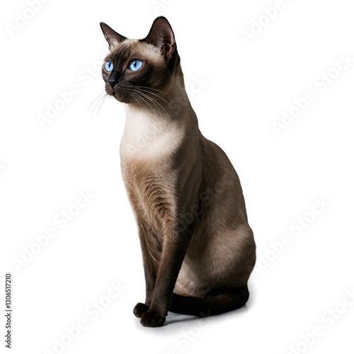 Brown cat with blue eyes is sitting and looking left, transparent png, isolated. Light shines on smooth fur of animal.