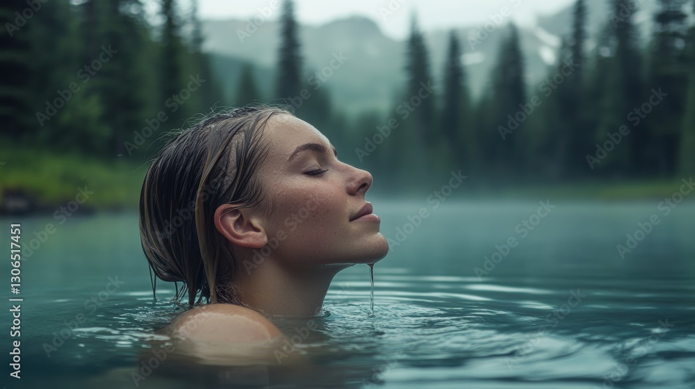 Adventurous woman joyfully swimming in a tranquil lake surrounded by scenic nature and trees Adventurous woman joyfully swimming in a tranquil lake surrounded by scenic nature and trees