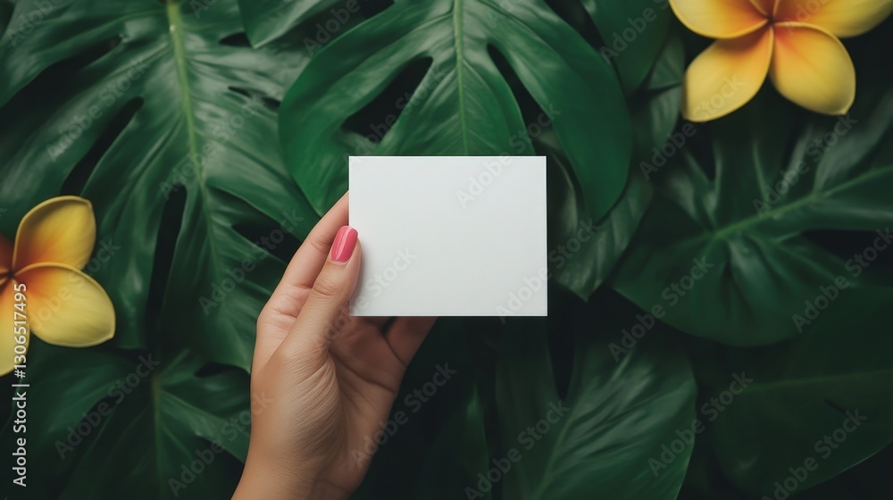Hand Holding Blank Card Surrounded by Tropical Leaves and Yellow Flowers Hand Holding Blank Card Surrounded by Tropical Leaves and Yellow Flowers