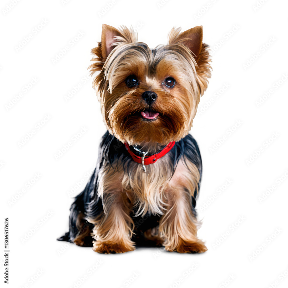 Small dog sits with red collar. Brown black hair, tongue shows. Isolated png transparent. Small dog sits with red collar. Brown black hair, tongue shows. Isolated png transparent.