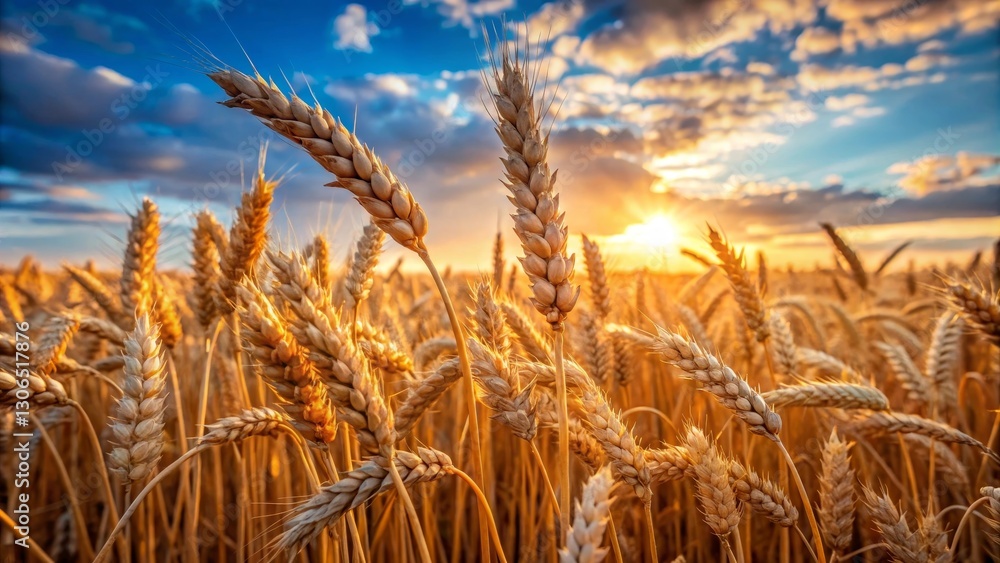 Golden Wheat Field at Sunset A Harvest Scene of Ripe Grains Under a Vibrant Sky Golden Wheat Field at Sunset A Harvest Scene of Ripe Grains Under a Vibrant Sky