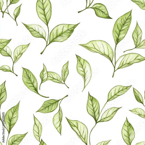 Watercolor Tea Leaves Seamless Pattern on White Background